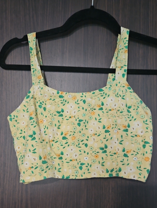 aerie Tops - Aerie Yellow Floral Crop Cami with Green Leaf Print and White Blossoms
